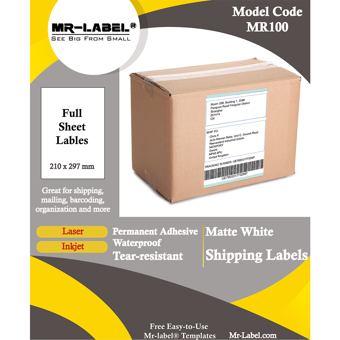 Mr-Label Full Sheet Matte White Labels – Outdoor Label | Shipping Label | Parcel Labels for Inkjet & Laser Printer – Waterproof and – MR-LABEL